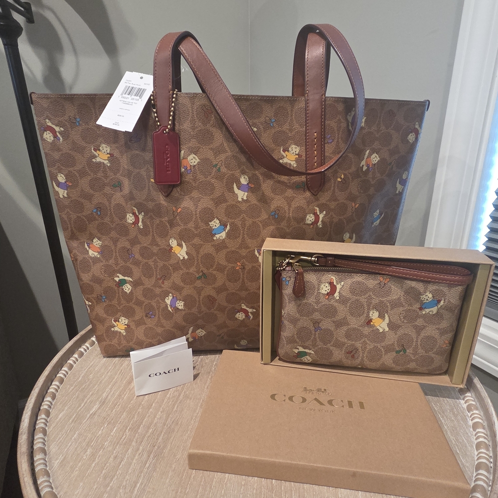 NWT Coach Multicolor Brown Signature Kittens Tote & Wristlet Set
